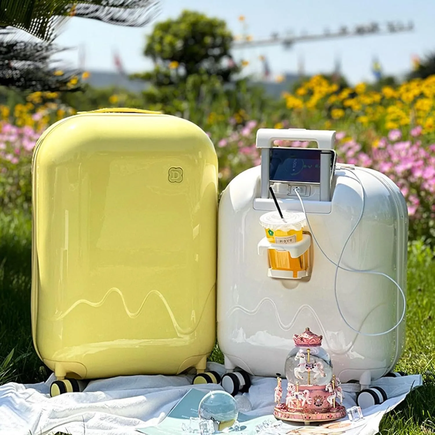 Cute Cup Holder with USB Charging Port - Impact-Resistant, Anti-Theft, Waterproof Carrying Bag - Silent Multi-Stage Trolley with 360-Degree Rotation(Pink)