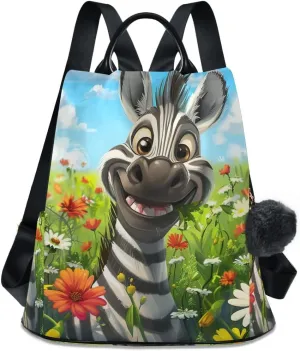 Cute Smiling Animal in Flower Field Fashion Backpack Purse for Women Back Zipper Pocket Design
