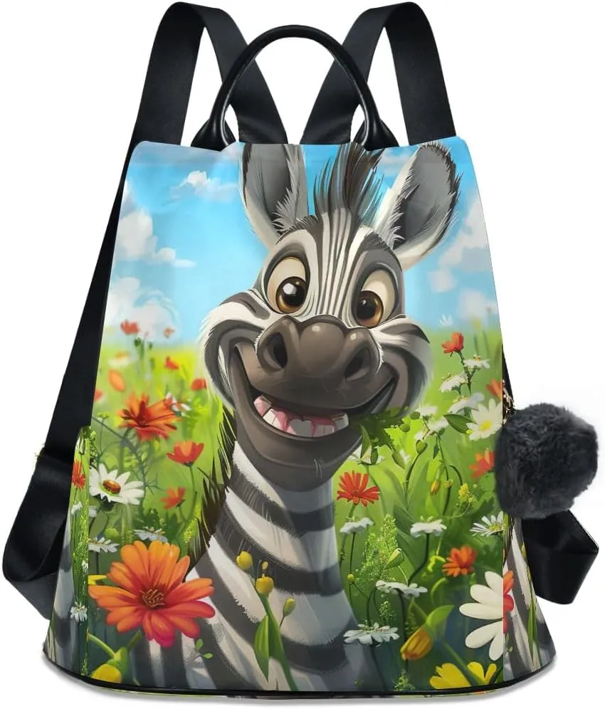 Cute Smiling Animal in Flower Field Fashion Backpack Purse for Women Back Zipper Pocket Design