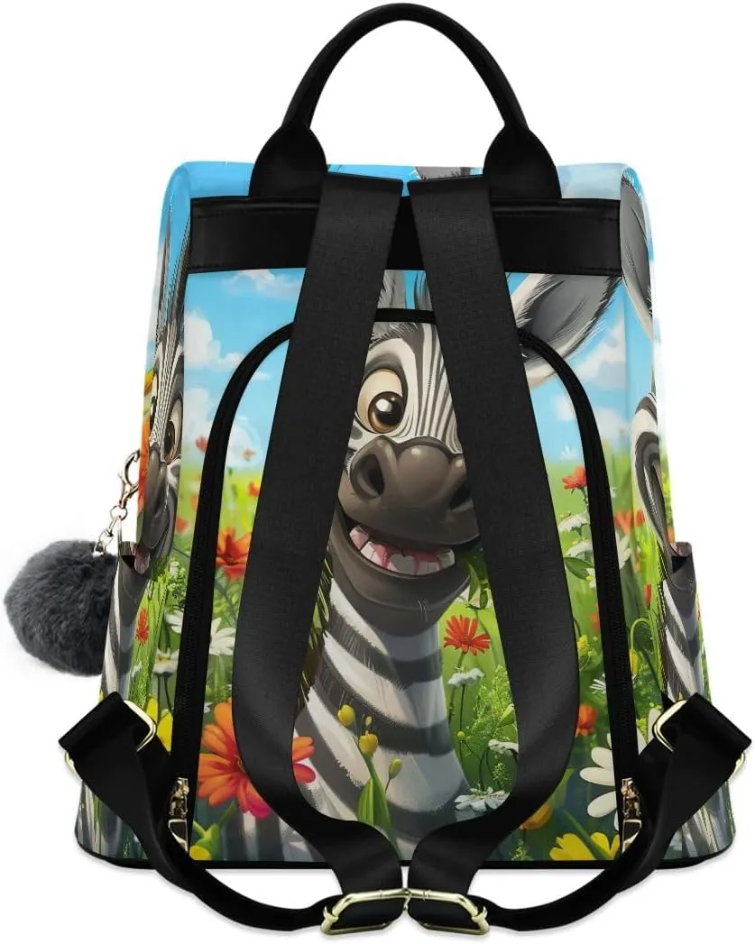 Cute Smiling Animal in Flower Field Fashion Backpack Purse for Women Back Zipper Pocket Design