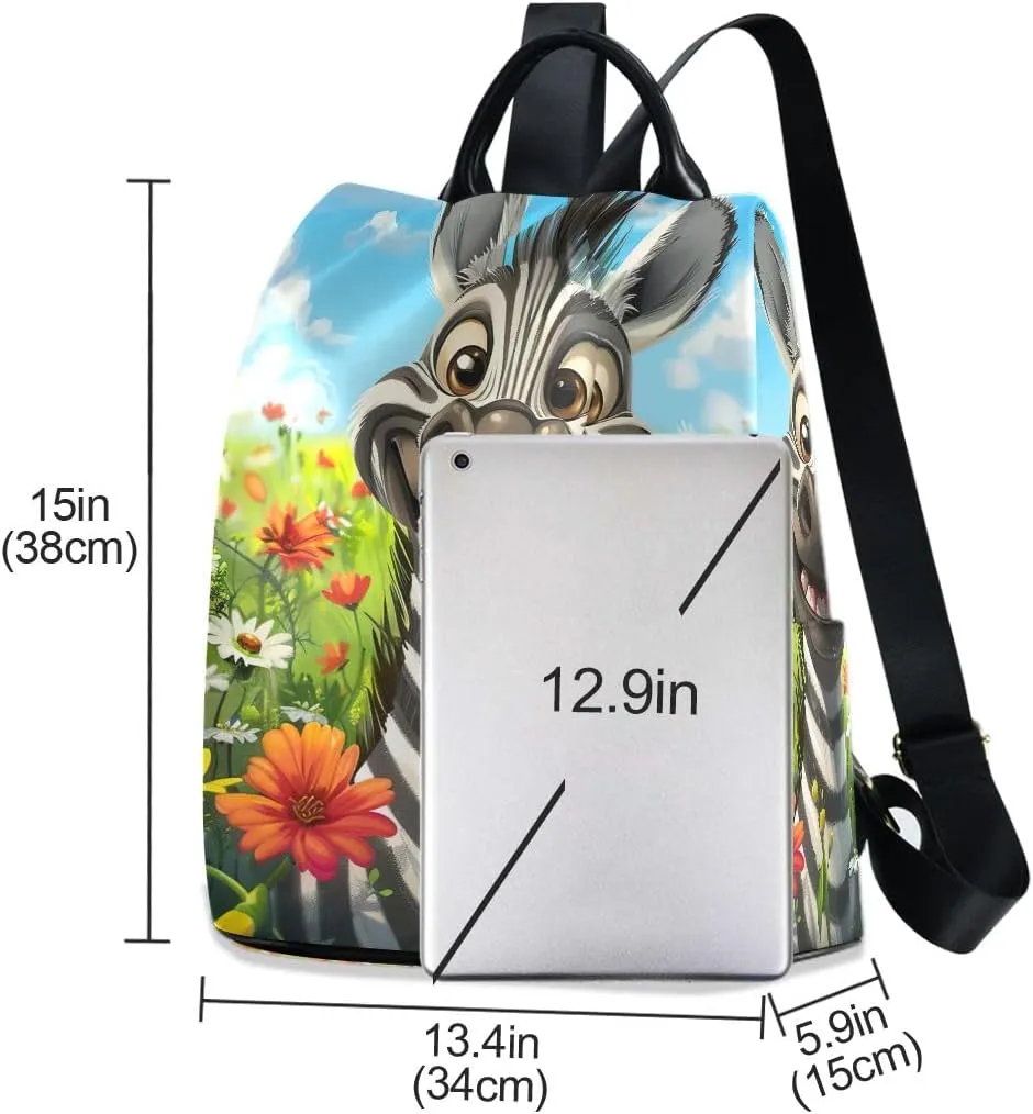 Cute Smiling Animal in Flower Field Fashion Backpack Purse for Women Back Zipper Pocket Design
