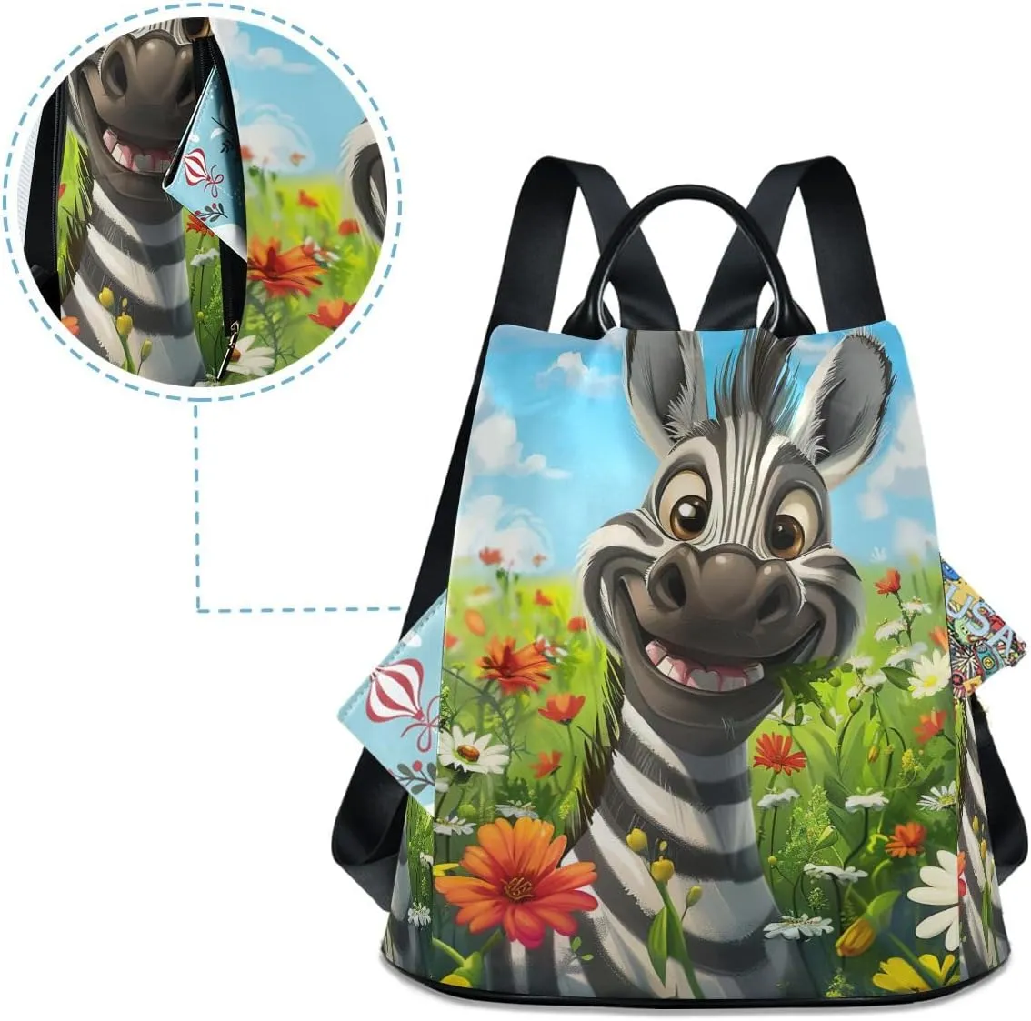 Cute Smiling Animal in Flower Field Fashion Backpack Purse for Women Back Zipper Pocket Design