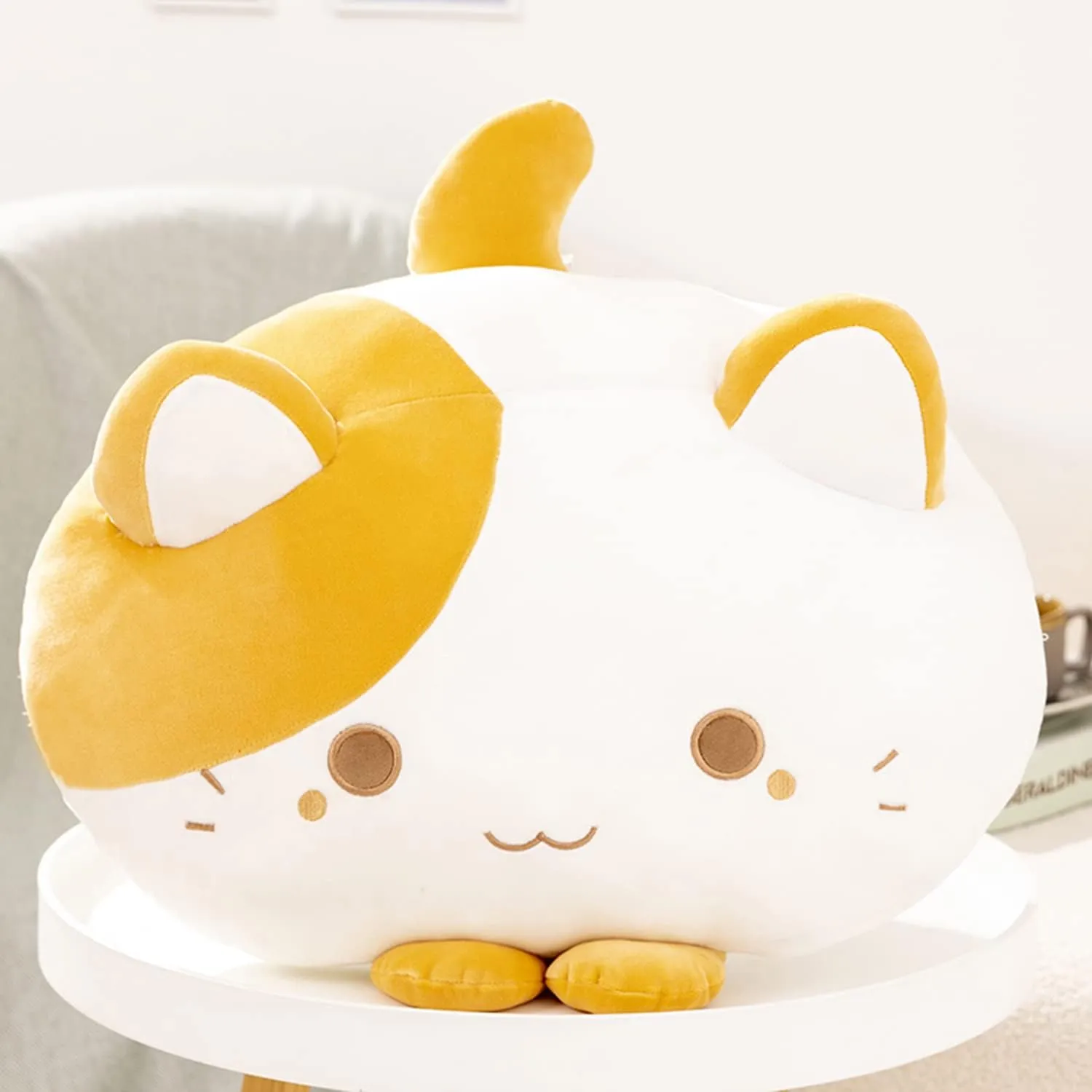 Cute Soft Round Tabby Cat Plush Toys - Kitten Plushies Throw Pillow & Cuddly Cat Doll Pillow Gift for Kids and Lovers (Yellow)