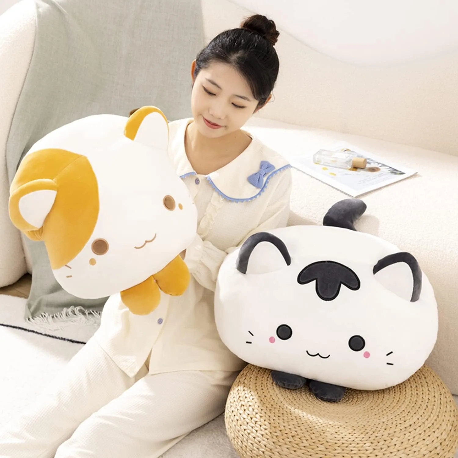 Cute Soft Round Tabby Cat Plush Toys - Kitten Plushies Throw Pillow & Cuddly Cat Doll Pillow Gift for Kids and Lovers (Yellow)