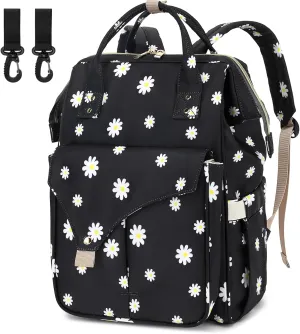 Daisy Diaper Bag Backpack for Baby Girls Boys, Large Capacity Multifunction Waterproof Maternity Mom Nappy Bags with Stroller Straps (Black)