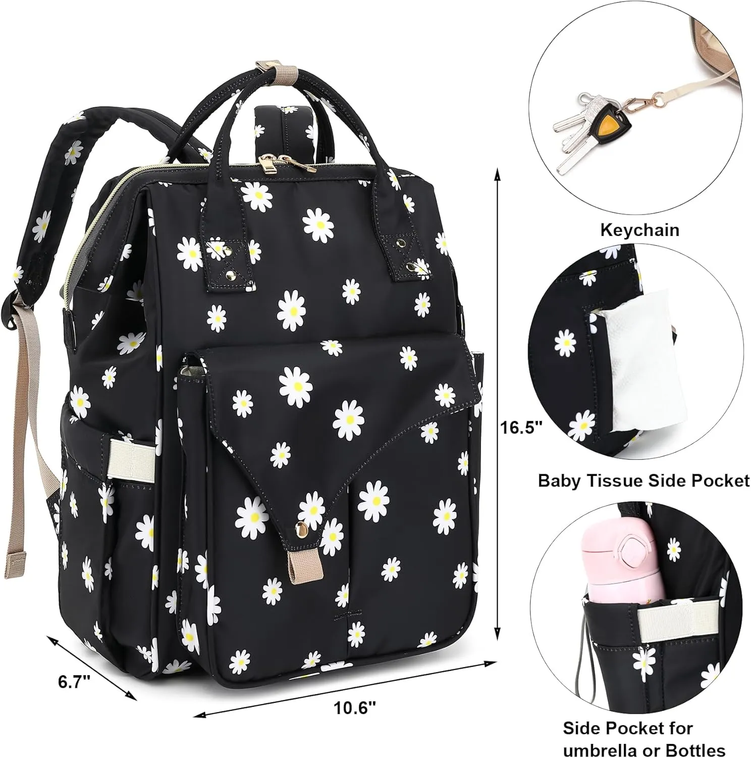 Daisy Diaper Bag Backpack for Baby Girls Boys, Large Capacity Multifunction Waterproof Maternity Mom Nappy Bags with Stroller Straps (Black)