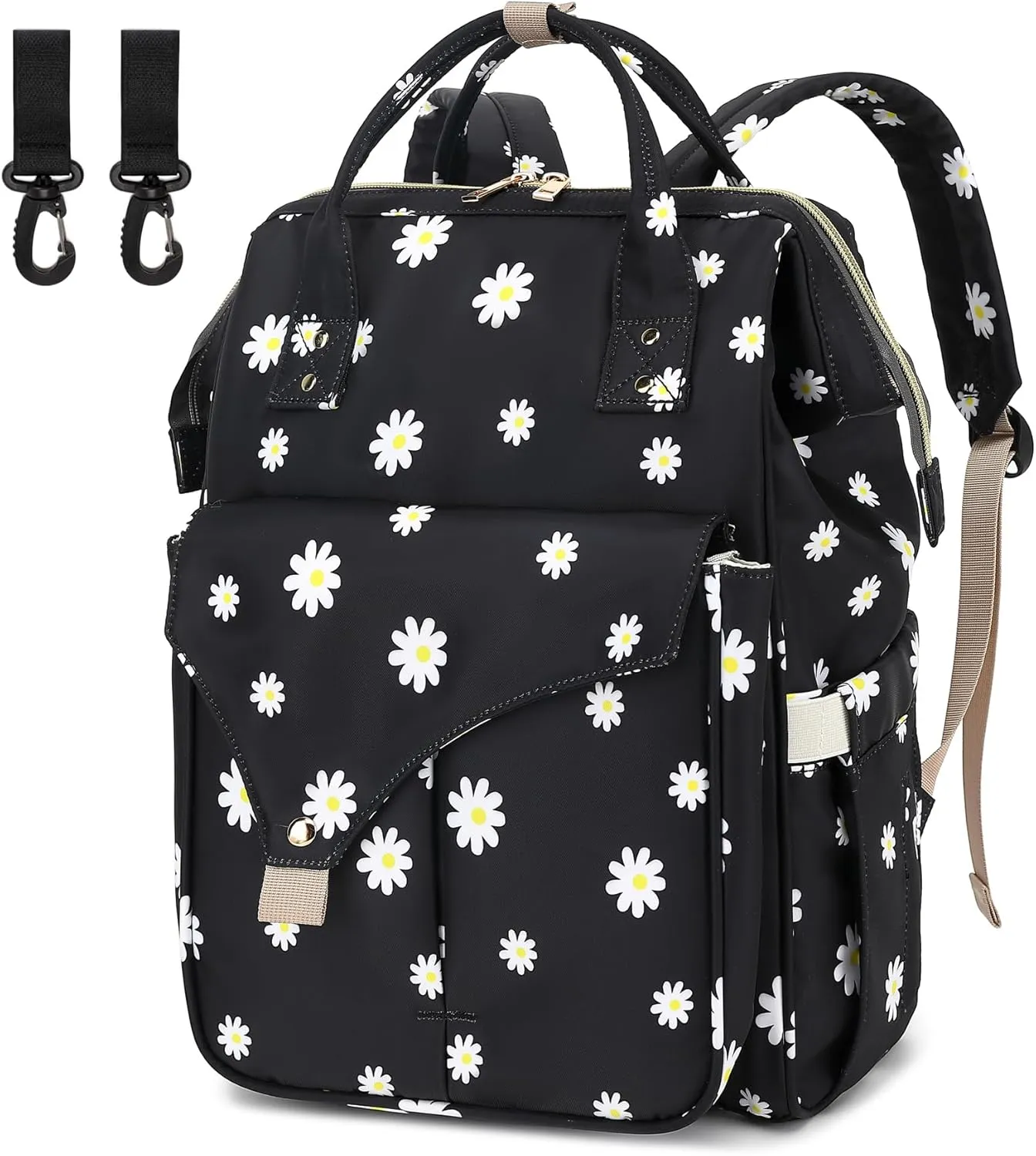 Daisy Diaper Bag Backpack for Baby Girls Boys, Large Capacity Multifunction Waterproof Maternity Mom Nappy Bags with Stroller Straps (Black)