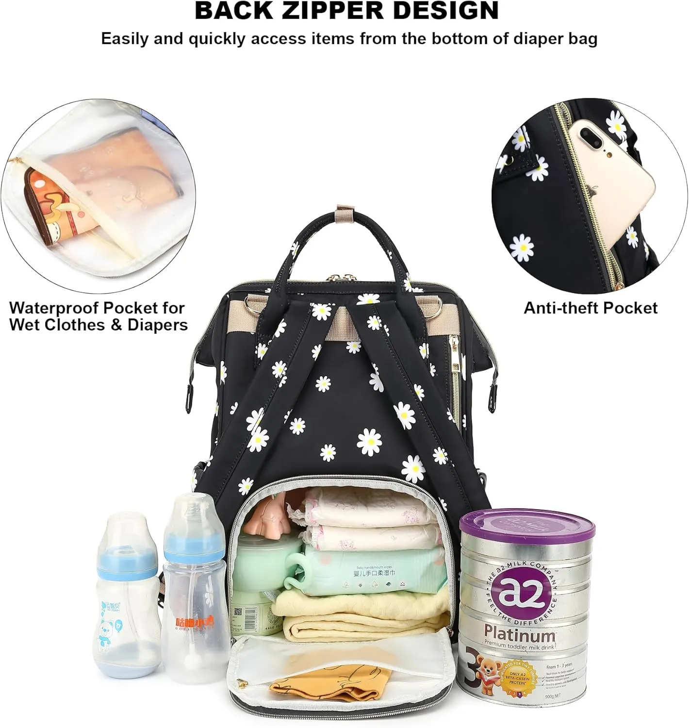 Daisy Diaper Bag Backpack for Baby Girls Boys, Large Capacity Multifunction Waterproof Maternity Mom Nappy Bags with Stroller Straps (Black)