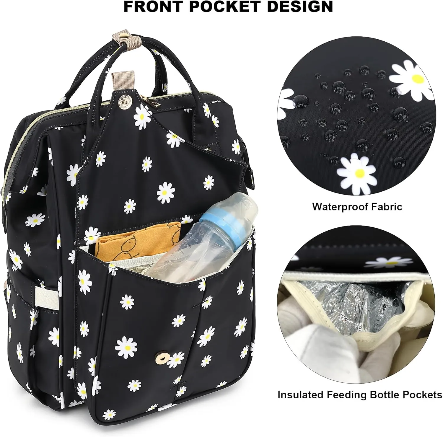 Daisy Diaper Bag Backpack for Baby Girls Boys, Large Capacity Multifunction Waterproof Maternity Mom Nappy Bags with Stroller Straps (Black)