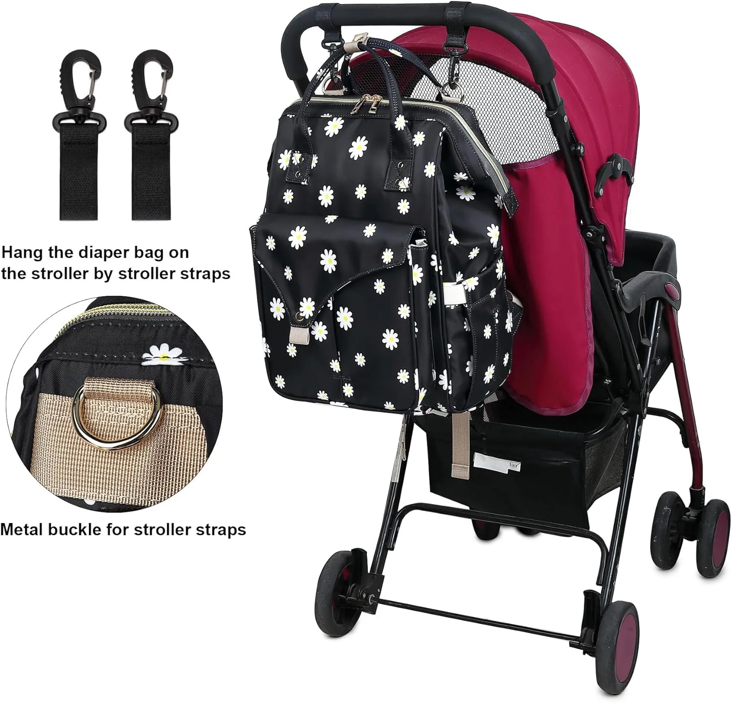 Daisy Diaper Bag Backpack for Baby Girls Boys, Large Capacity Multifunction Waterproof Maternity Mom Nappy Bags with Stroller Straps (Black)