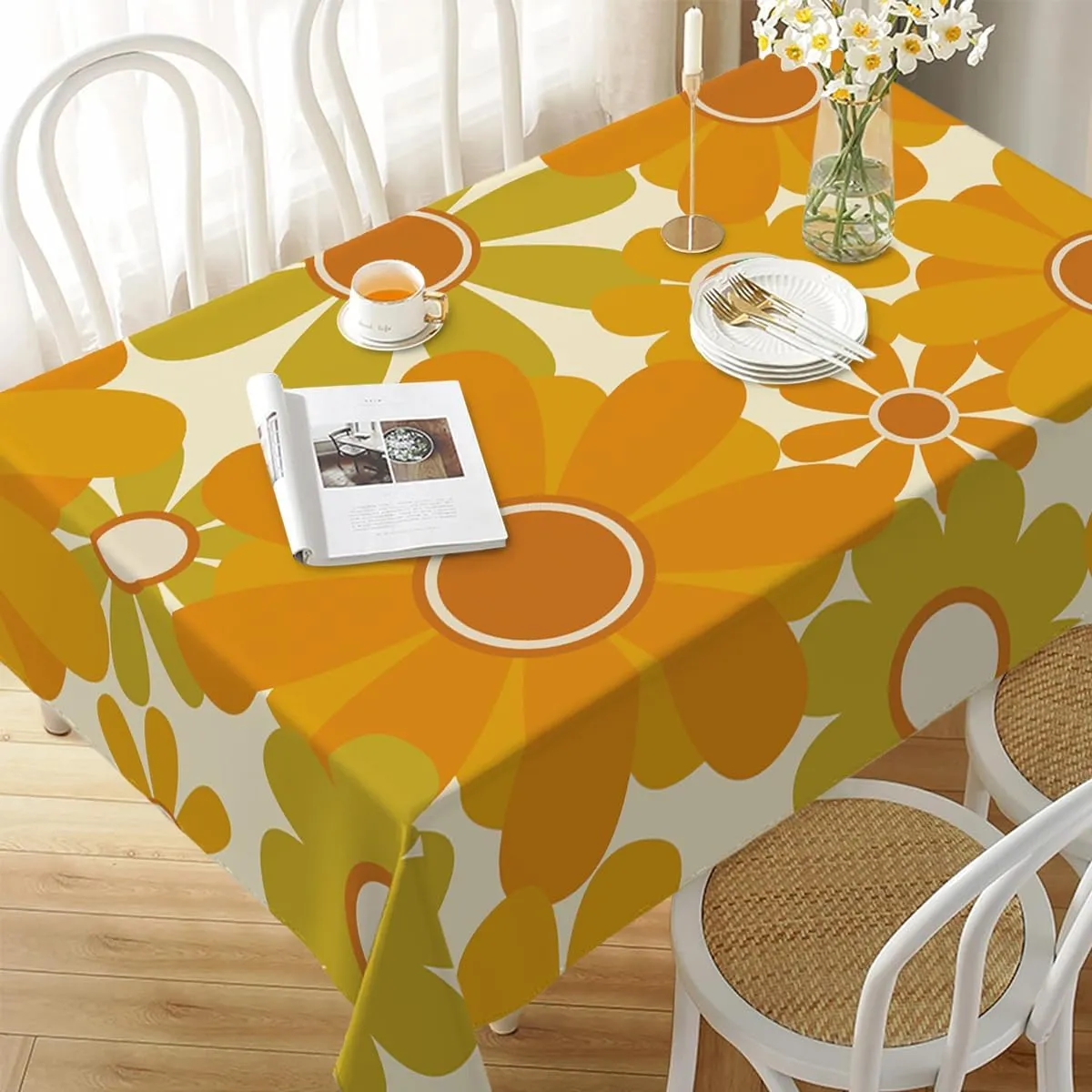 Decorative Rectangle Table Cloths Orange Floral,Retro Sunflower Tablecloth Table Cover for Dining/BBQ/Picnic/Coffee Table 52 X 70 Inches