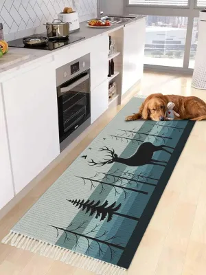 Deer Forest Kitchen Hallway Runner Rug 2X5 Ft Carpet, Washable Woven Throw Carpet with Tassel, Country Vintage Animal Tree Silhouette Non-Shedding Entryway Laundry Rugs