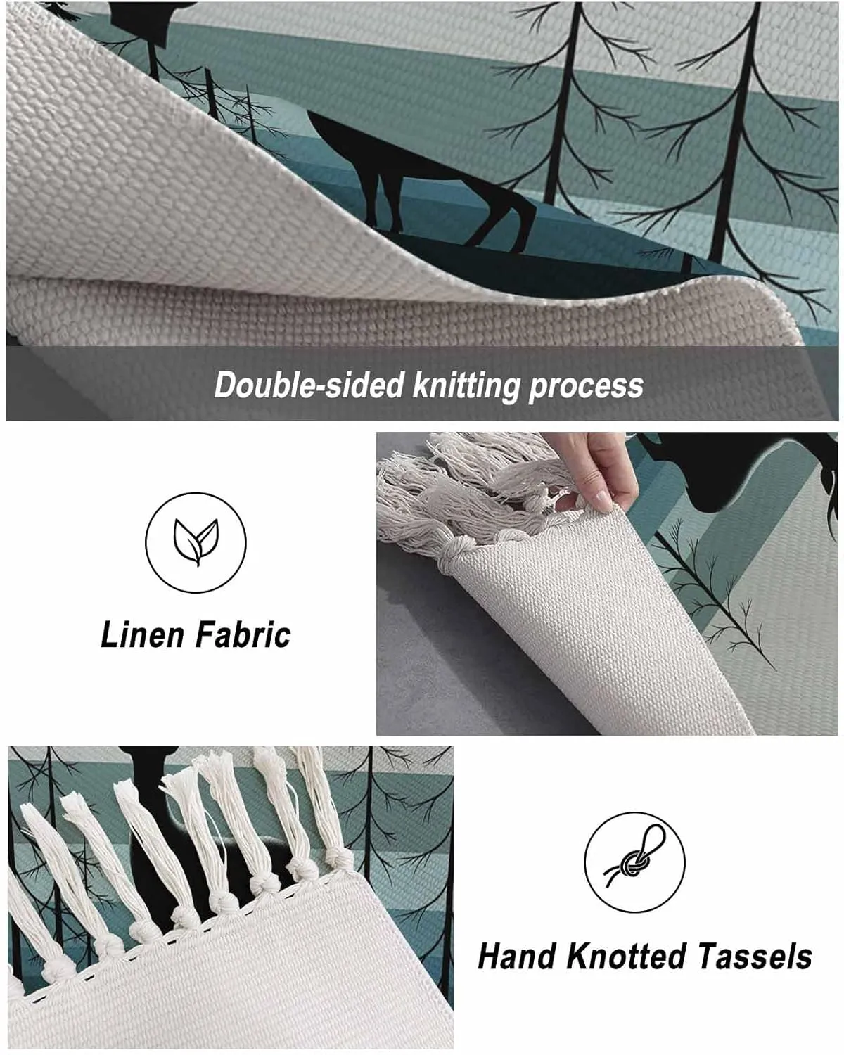 Deer Forest Kitchen Hallway Runner Rug 2X5 Ft Carpet, Washable Woven Throw Carpet with Tassel, Country Vintage Animal Tree Silhouette Non-Shedding Entryway Laundry Rugs