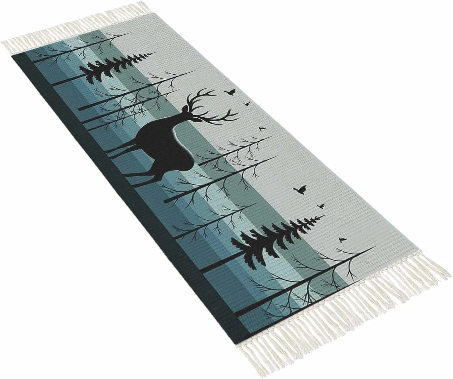 Deer Forest Kitchen Hallway Runner Rug 2X5 Ft Carpet, Washable Woven Throw Carpet with Tassel, Country Vintage Animal Tree Silhouette Non-Shedding Entryway Laundry Rugs