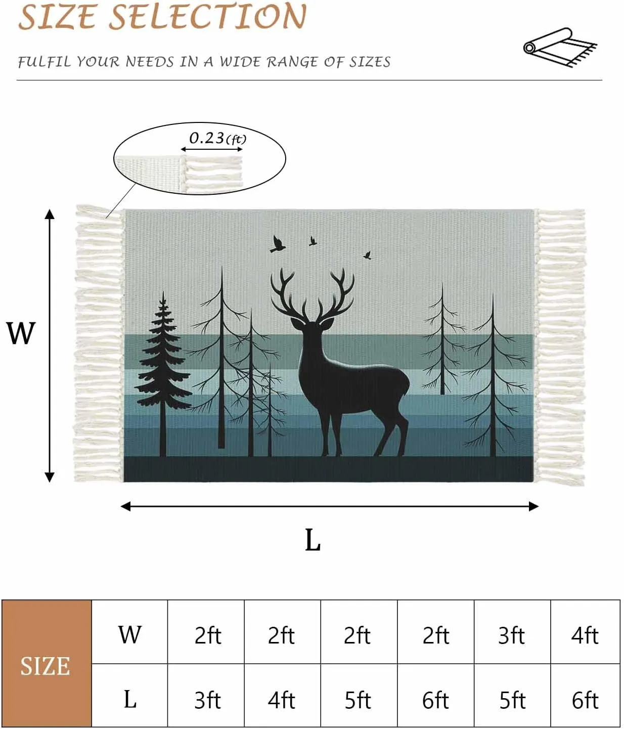 Deer Forest Kitchen Hallway Runner Rug 2X5 Ft Carpet, Washable Woven Throw Carpet with Tassel, Country Vintage Animal Tree Silhouette Non-Shedding Entryway Laundry Rugs