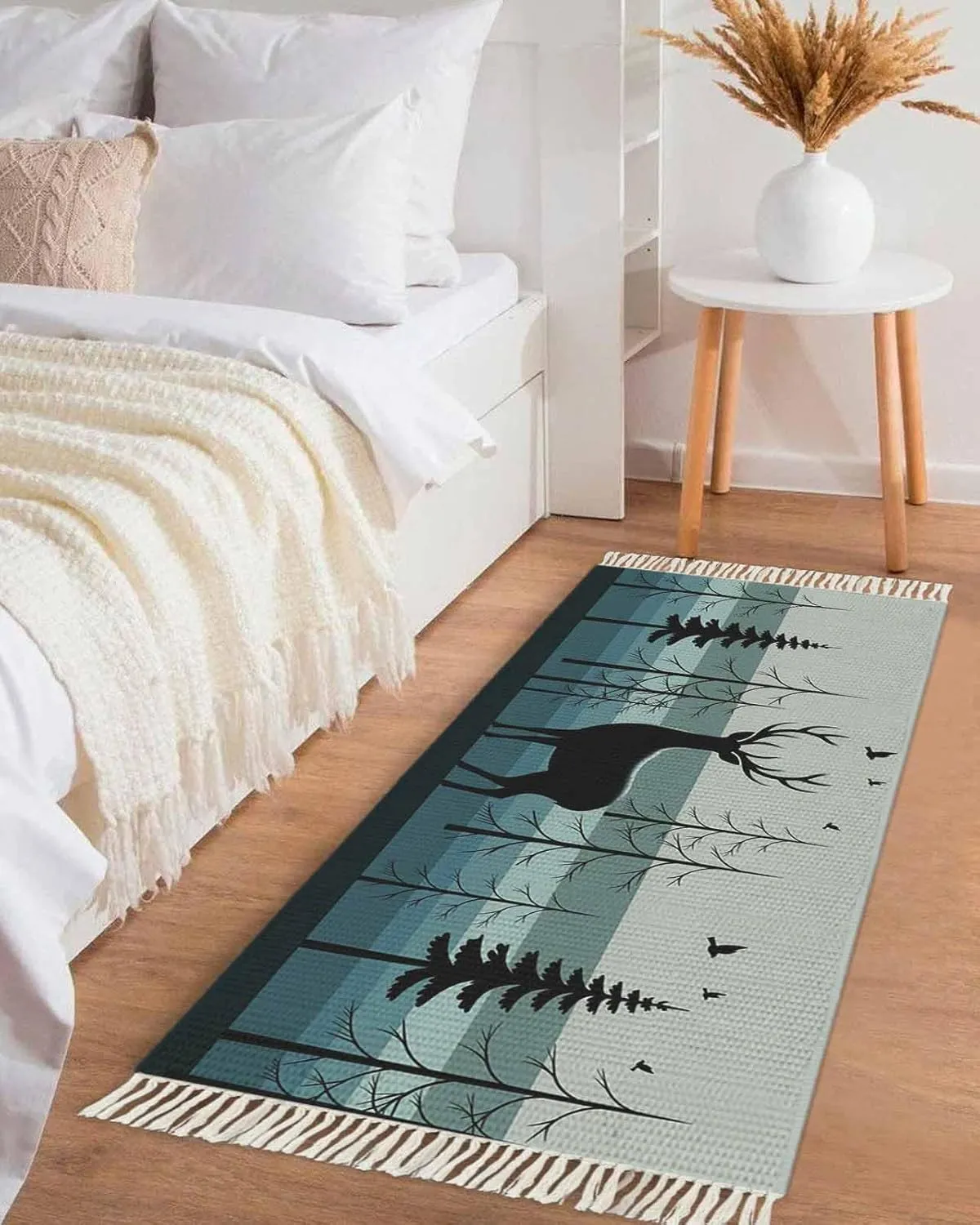 Deer Forest Kitchen Hallway Runner Rug 2X5 Ft Carpet, Washable Woven Throw Carpet with Tassel, Country Vintage Animal Tree Silhouette Non-Shedding Entryway Laundry Rugs