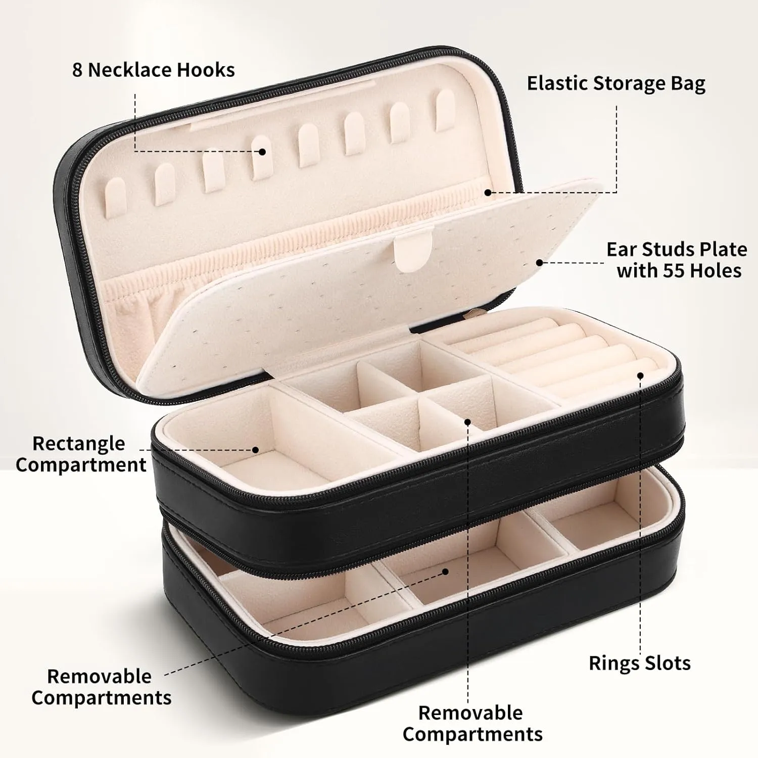 DesignSter Small Travel Jewelry Box with Double Zipper, 2 Layers PU Portable Jewelry Case for Women and Girls,Travel Jewelry Organizer for Rings, Earrings, Necklaces, Bracelets,Black