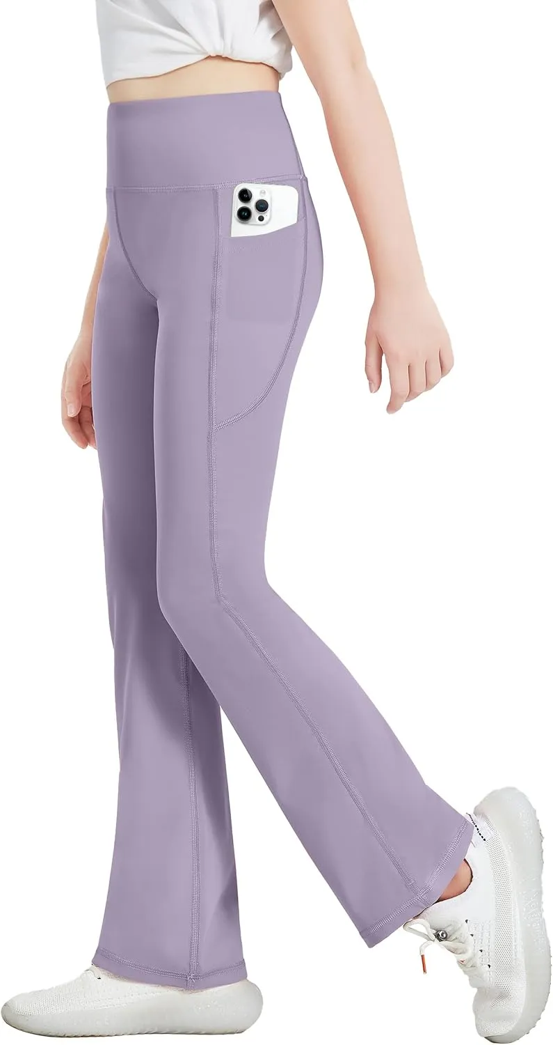 Desol 3 Pack Girls Flare Leggings with Pockets, High Waist Bootcut Yoga Pants, Dance Athletic Bell Bottoms for Teen &Kids