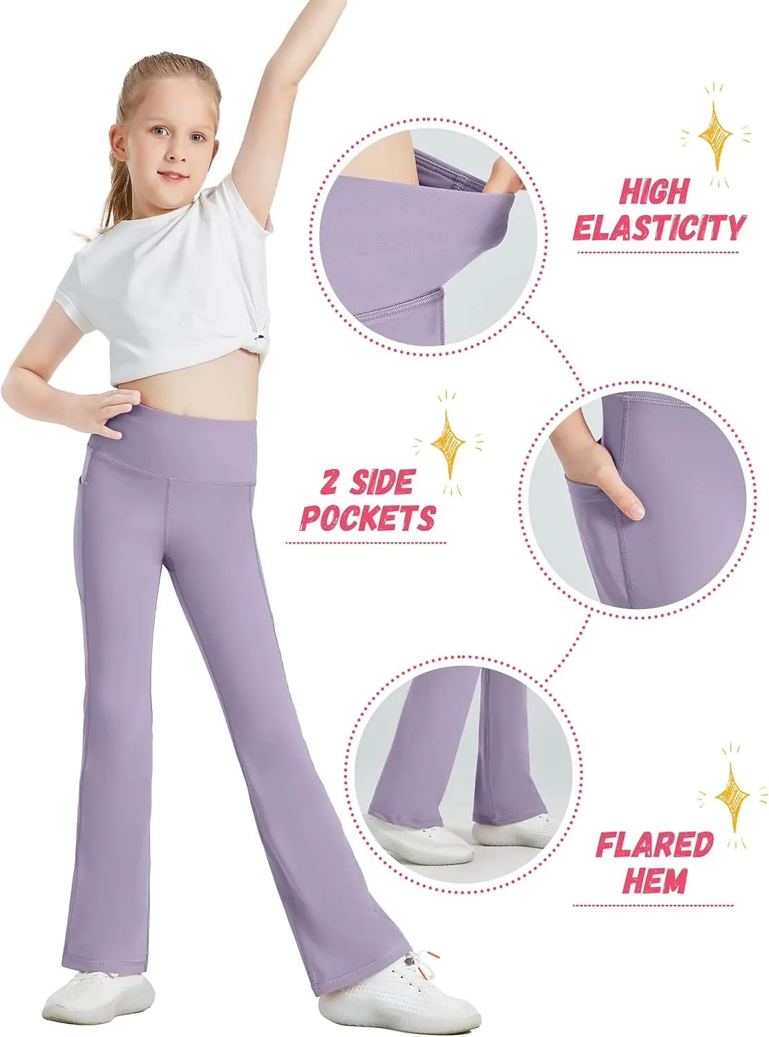Desol 3 Pack Girls Flare Leggings with Pockets, High Waist Bootcut Yoga Pants, Dance Athletic Bell Bottoms for Teen &Kids