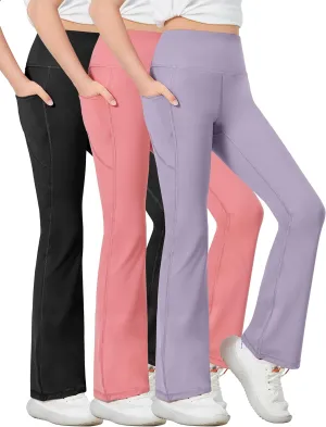 Desol 3 Pack Girls Flare Leggings with Pockets, High Waist Bootcut Yoga Pants, Dance Athletic Bell Bottoms for Teen &Kids