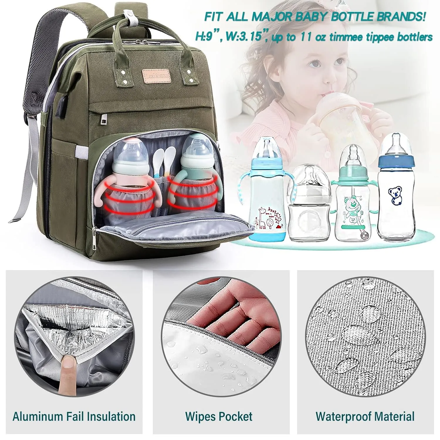 Diaper Bag Backpack, Large Capacity Multifunction Baby Bag with Changing Pad for Boy Girl, Travel for Moms Dads, Baby Registry Search Shower Gifts Waterproof and Stylish ArmyGreen