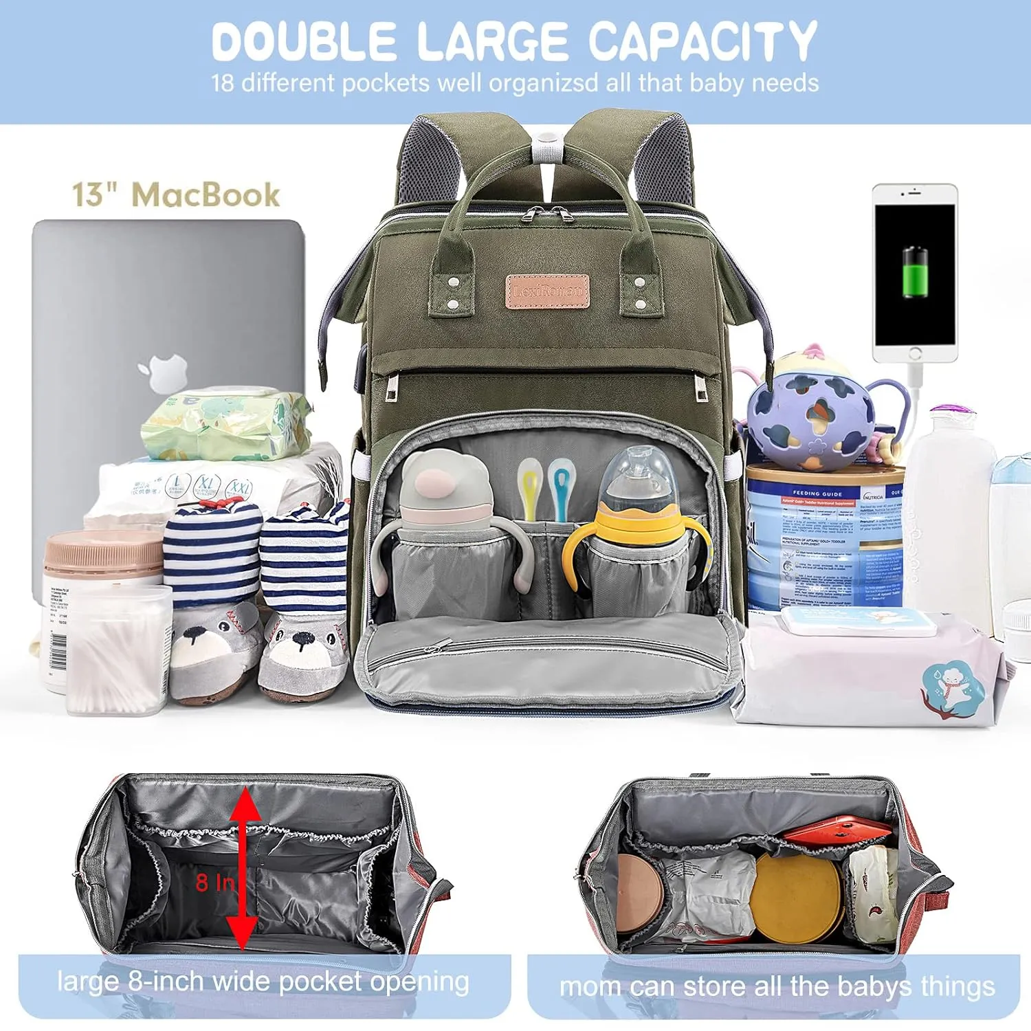 Diaper Bag Backpack, Large Capacity Multifunction Baby Bag with Changing Pad for Boy Girl, Travel for Moms Dads, Baby Registry Search Shower Gifts Waterproof and Stylish ArmyGreen