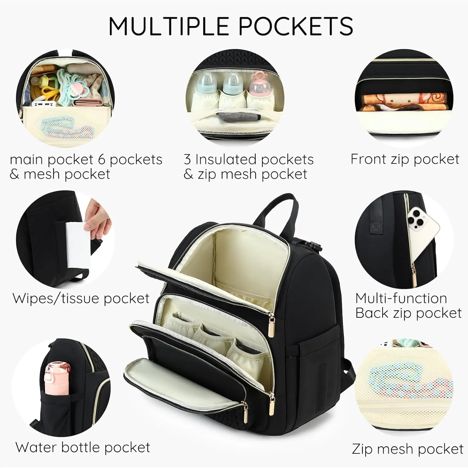 Diaper Bag Backpack - Lightweight & Stylish, Boys, Girls & Baby Travel Essentials Tote with Changing Pad, Insulated Pocket, Stroller Strap - Baby Diaper Backpack for Mom, Maternity (Black)