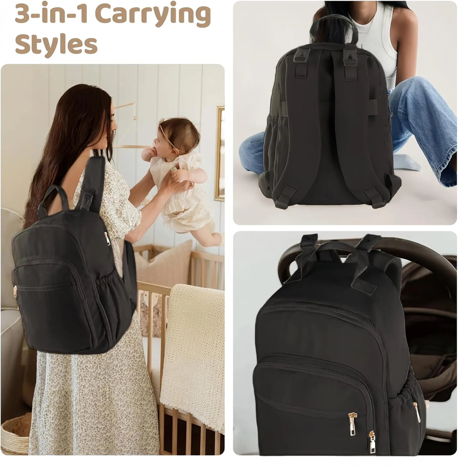 Diaper Bag Backpack Small Diaper Baby Bag for Travel, Mini Lightweight Diaper Backpack with Changing Pad Insulated Pockets (Black)
