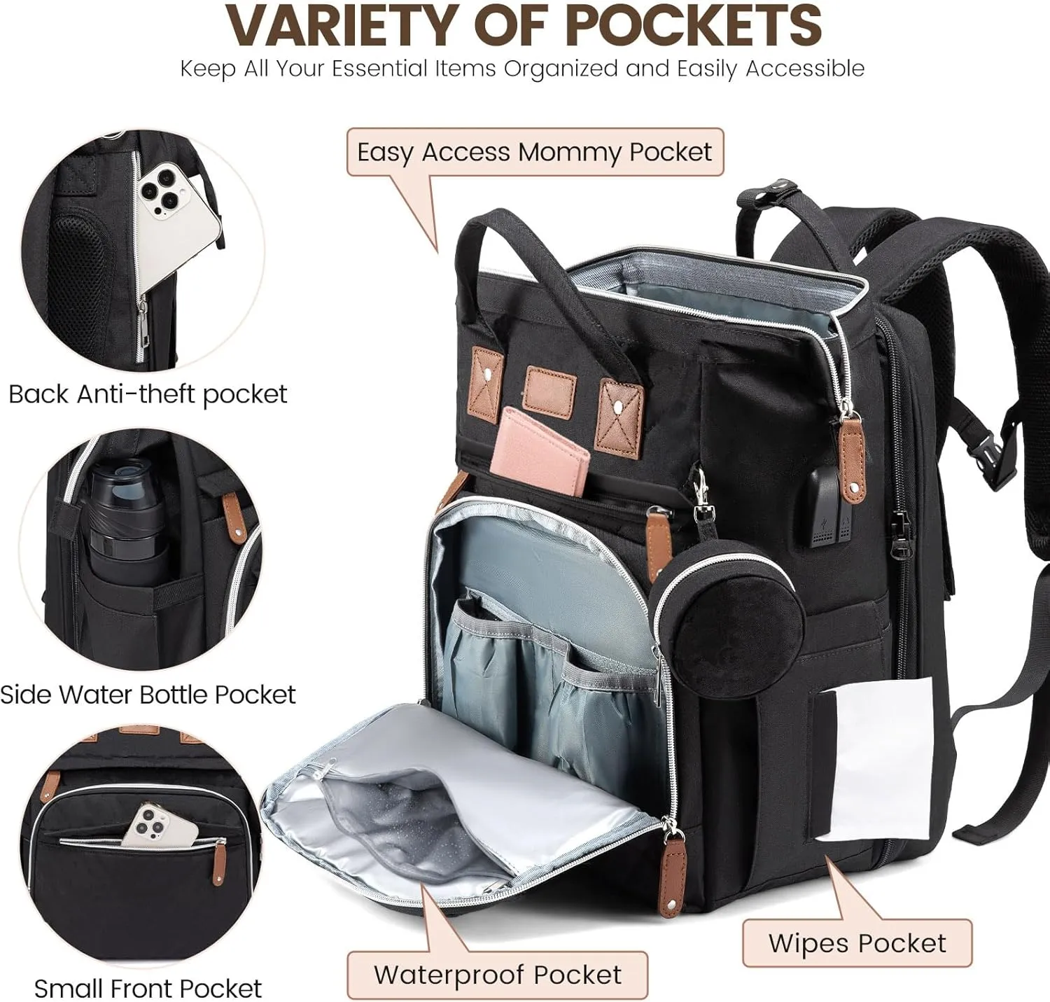 Diaper Bag Backpack with Changing Station, Spacious Durable Baby Travel Bag for Moms & Dads, with USB Port & Insulated Pockets, Large Capacity, Stylish for boys girls, Essential Newborn Gear