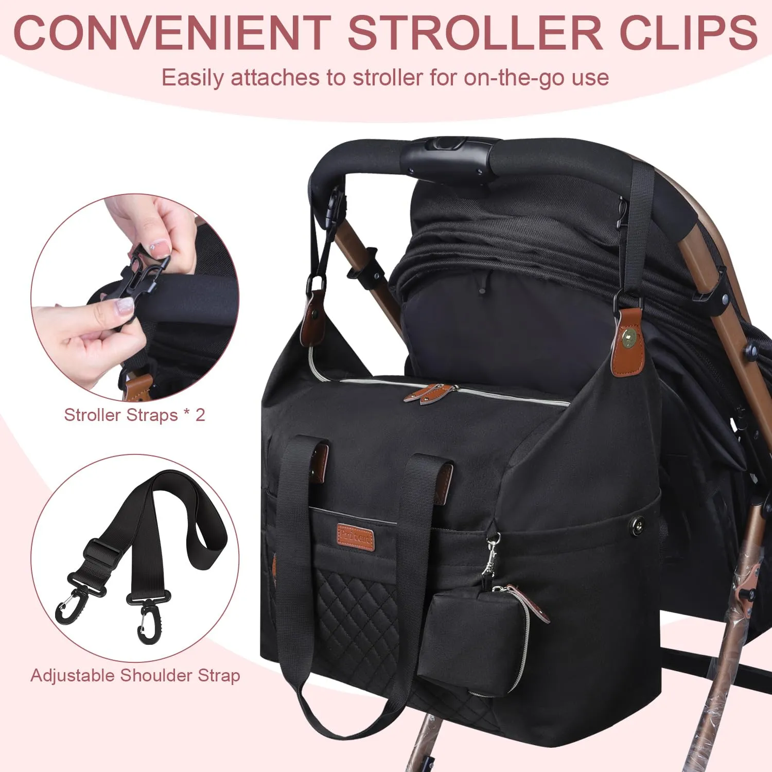 Diaper Bag Tote, Diaper Baby Bags with Pacifier Case, Shoulder Straps, Stroller Clips, Waterproof Large Mommy Maternity Travel Baby Tote for Mom and Dad, black