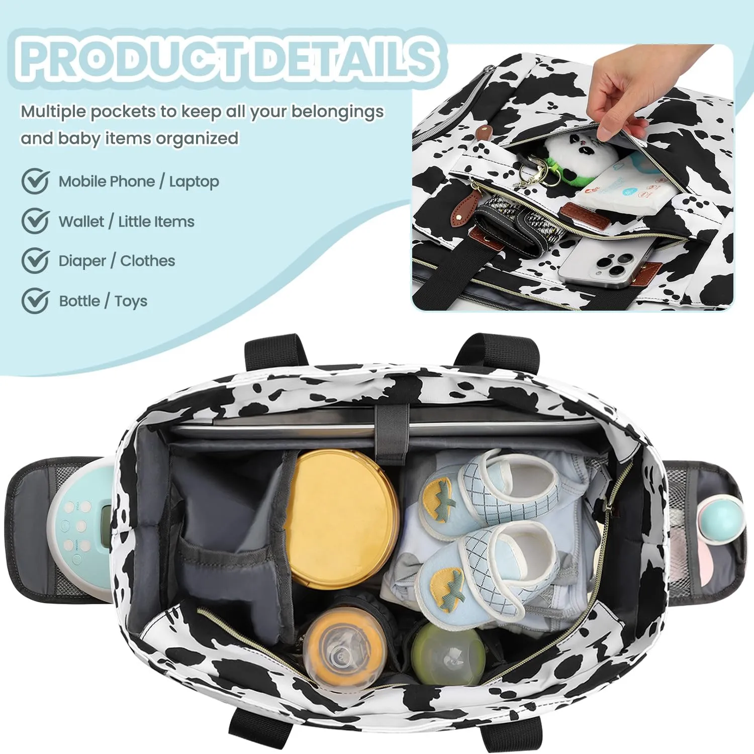 Diaper Bag Tote for Working Mom, Large Travel Diaper Tote for Mom and Dad with 15 Inch Laptop Sleeve, Mommy Maternity Travel Baby Bag for Boys and Girls, Cowprint