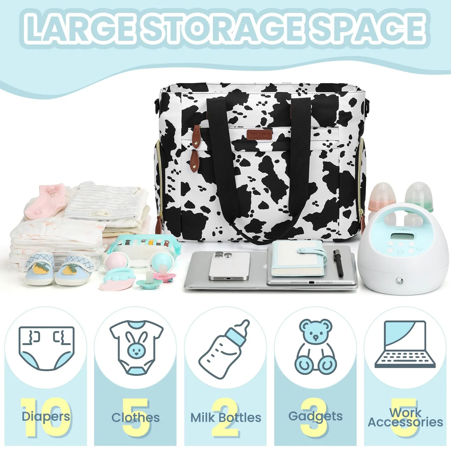 Diaper Bag Tote for Working Mom, Large Travel Diaper Tote for Mom and Dad with 15 Inch Laptop Sleeve, Mommy Maternity Travel Baby Bag for Boys and Girls, Cowprint