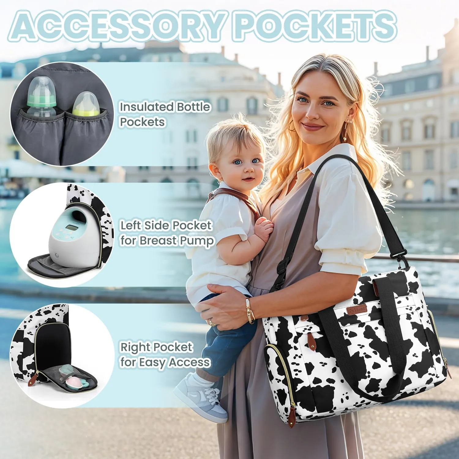 Diaper Bag Tote for Working Mom, Large Travel Diaper Tote for Mom and Dad with 15 Inch Laptop Sleeve, Mommy Maternity Travel Baby Bag for Boys and Girls, Cowprint