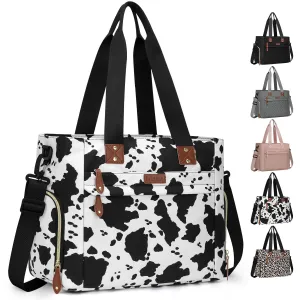 Diaper Bag Tote for Working Mom, Large Travel Diaper Tote for Mom and Dad with 15 Inch Laptop Sleeve, Mommy Maternity Travel Baby Bag for Boys and Girls, Cowprint