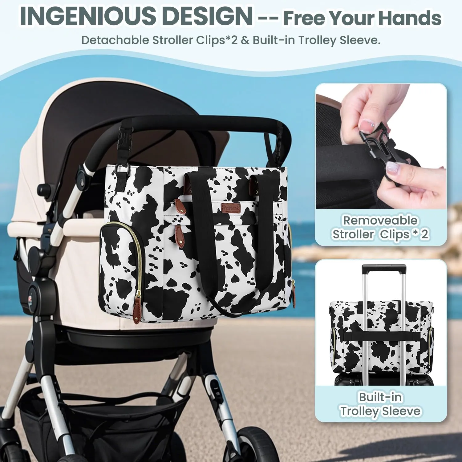 Diaper Bag Tote for Working Mom, Large Travel Diaper Tote for Mom and Dad with 15 Inch Laptop Sleeve, Mommy Maternity Travel Baby Bag for Boys and Girls, Cowprint