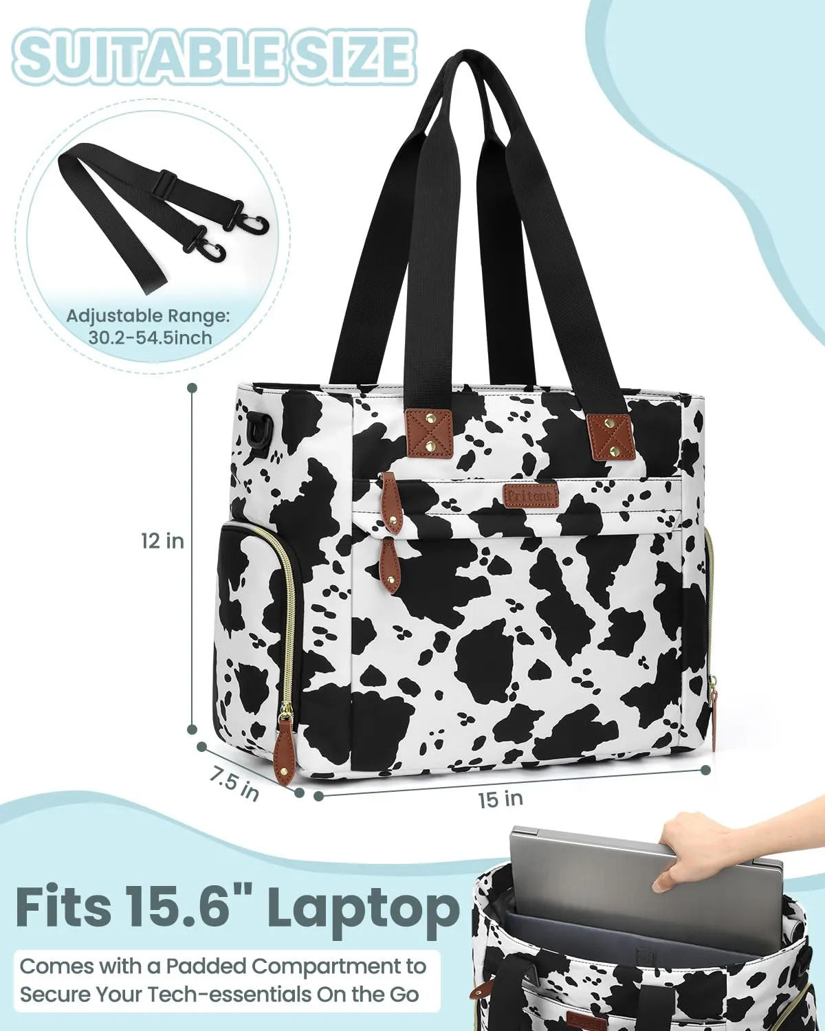 Diaper Bag Tote for Working Mom, Large Travel Diaper Tote for Mom and Dad with 15 Inch Laptop Sleeve, Mommy Maternity Travel Baby Bag for Boys and Girls, Cowprint