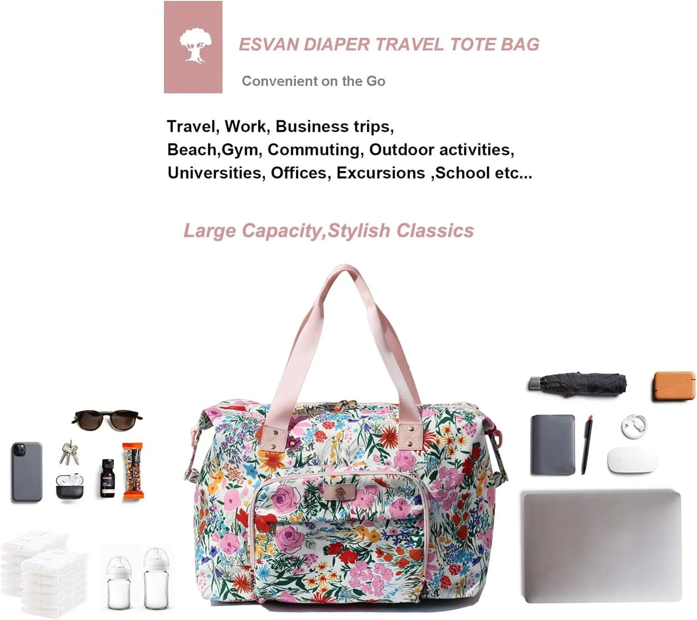 Diaper Bag Tote, Travel Overnight Carry-on Duffel Gym Bag, Multifunction Linen Canvas Dry Wet Maternity weekender