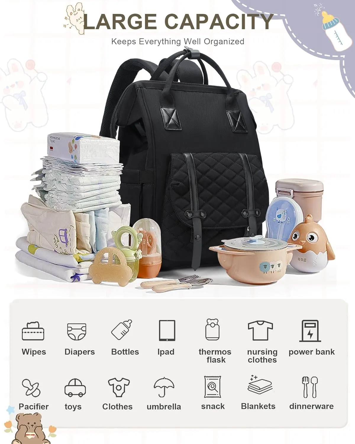 Diaper Bags Backpack Baby Bag for Mom Dad Baby Girls Boy, Cute Mult Diaper Nappy Bag Travel Back Pack, Water Repellent Maternity Changing Bag Baby Stuff with USB Charging Port Black