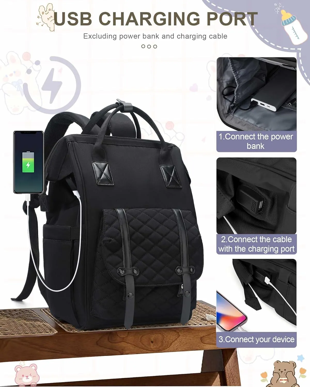 Diaper Bags Backpack Baby Bag for Mom Dad Baby Girls Boy, Cute Mult Diaper Nappy Bag Travel Back Pack, Water Repellent Maternity Changing Bag Baby Stuff with USB Charging Port Black