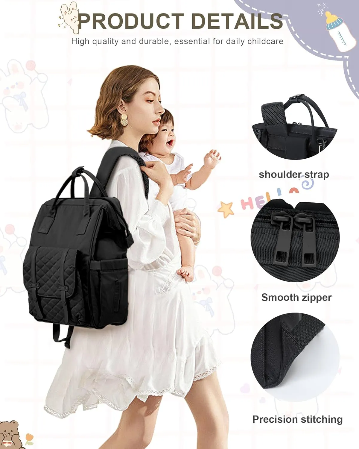 Diaper Bags Backpack Baby Bag for Mom Dad Baby Girls Boy, Cute Mult Diaper Nappy Bag Travel Back Pack, Water Repellent Maternity Changing Bag Baby Stuff with USB Charging Port Black