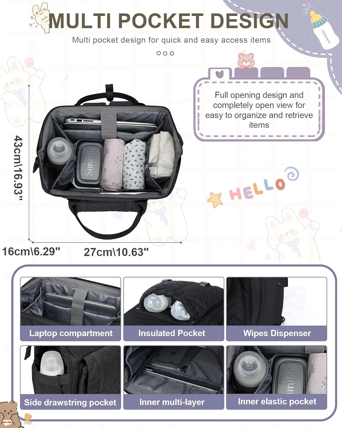 Diaper Bags Backpack Baby Bag for Mom Dad Baby Girls Boy, Cute Mult Diaper Nappy Bag Travel Back Pack, Water Repellent Maternity Changing Bag Baby Stuff with USB Charging Port Black