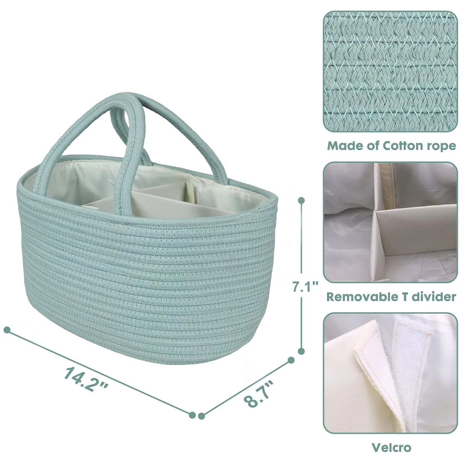 Diaper Caddy Organizer for Baby Cotton Rope Nursery Storage Bin Basket Portable Holder Tote Bag for Changing Table Car Travel Baby Shower Gifts Newborn Essentials Registry Must Haves Light Green