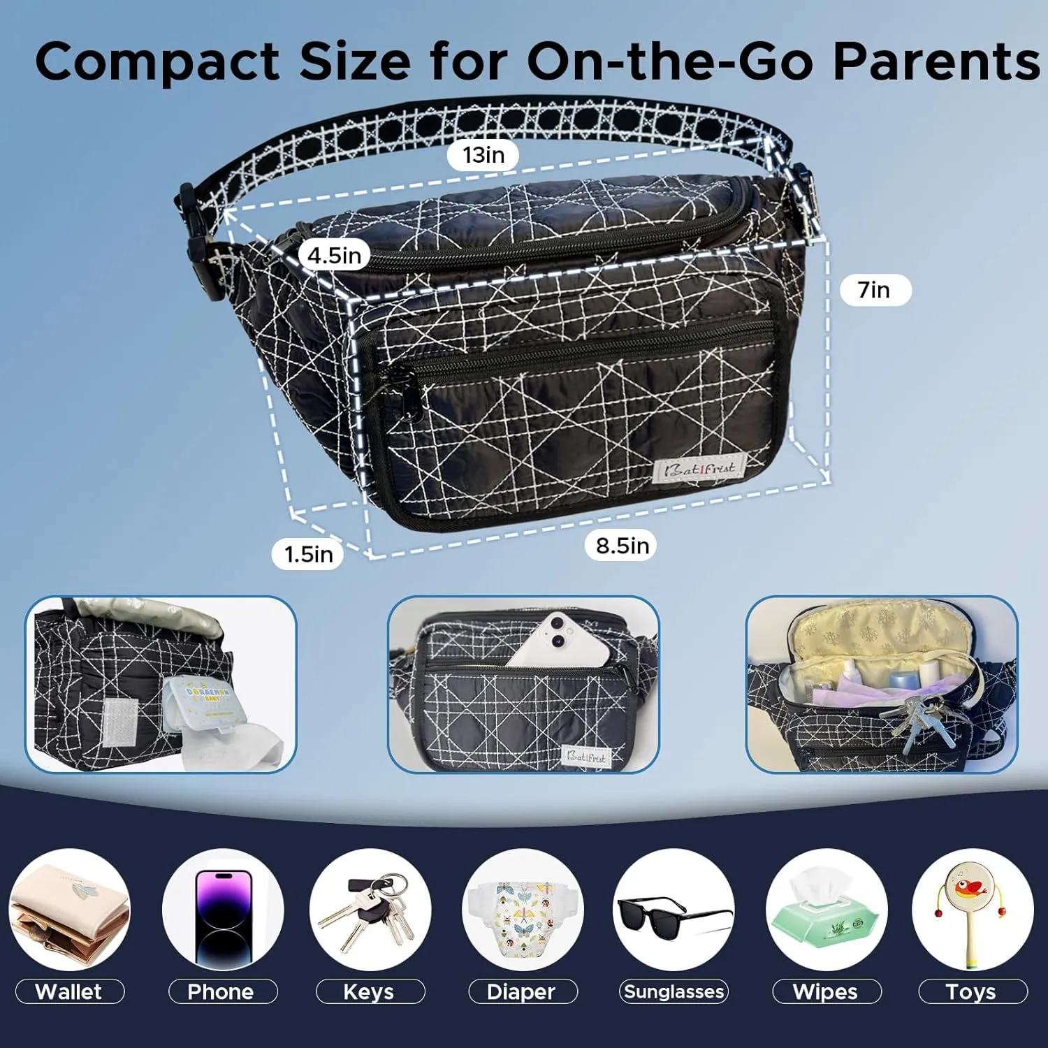 Diaper Fanny Bag With Changing Pad, YKK Zippers,Wipes Pocket,Unisex,Stylish,for Excursions Short Quickly Day Out