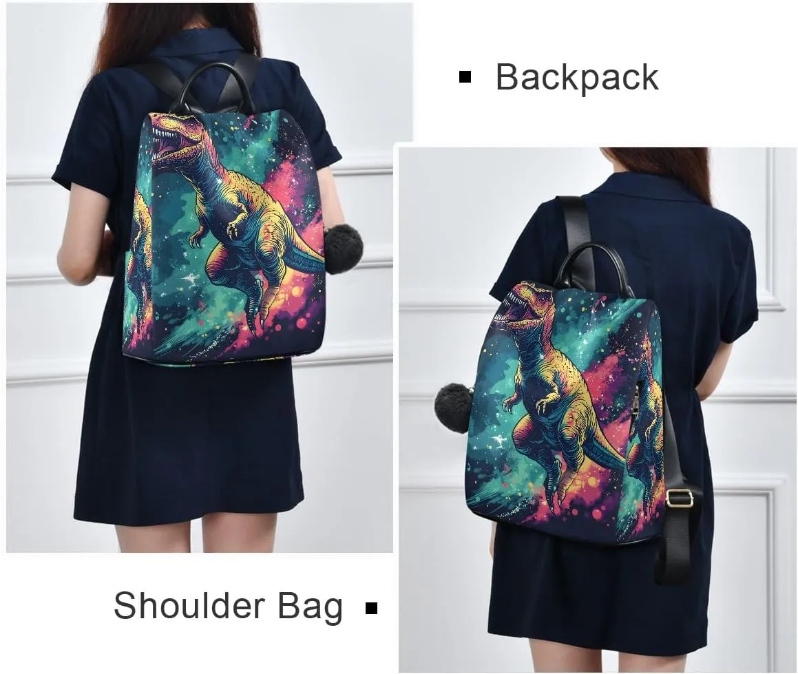 Dinosaur in Space Anti Theft Backpack Purse for Women Fashion Travel Bags with Pompom