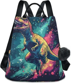 Dinosaur in Space Anti Theft Backpack Purse for Women Fashion Travel Bags with Pompom