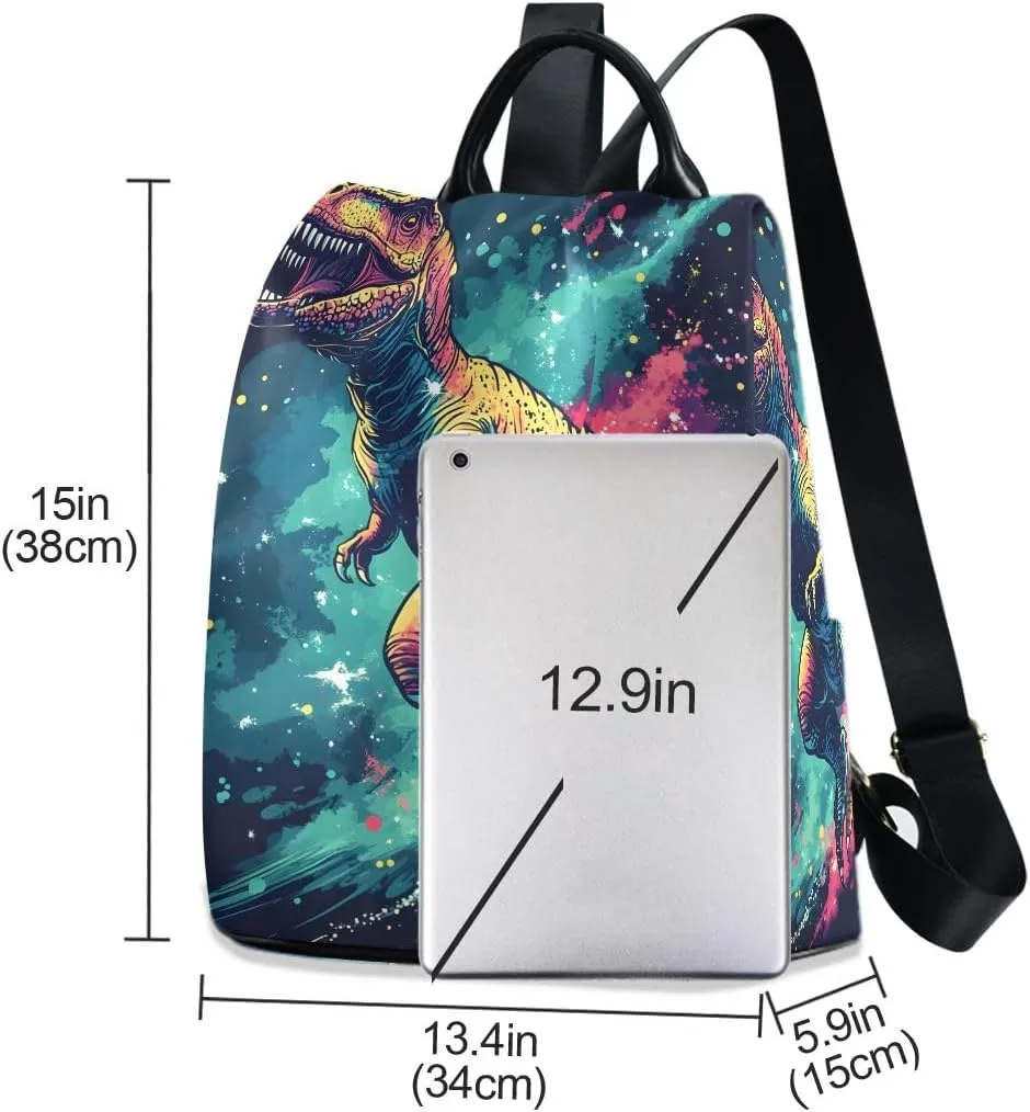 Dinosaur in Space Anti Theft Backpack Purse for Women Fashion Travel Bags with Pompom