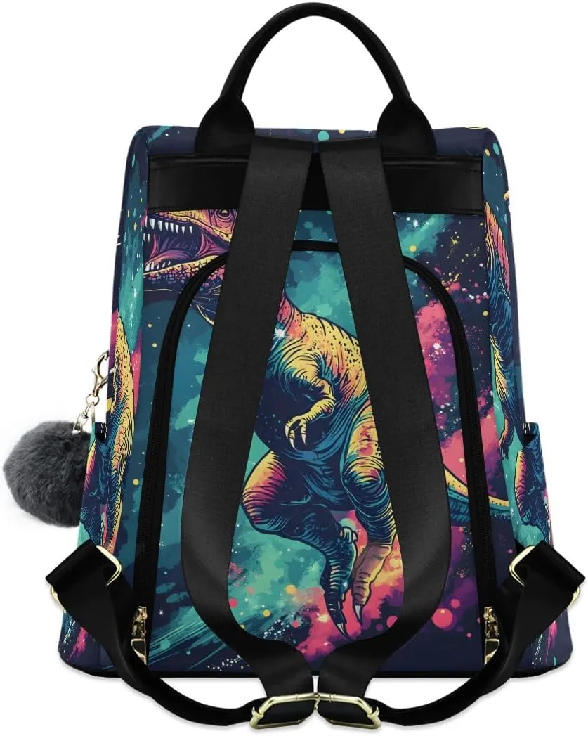 Dinosaur in Space Anti Theft Backpack Purse for Women Fashion Travel Bags with Pompom