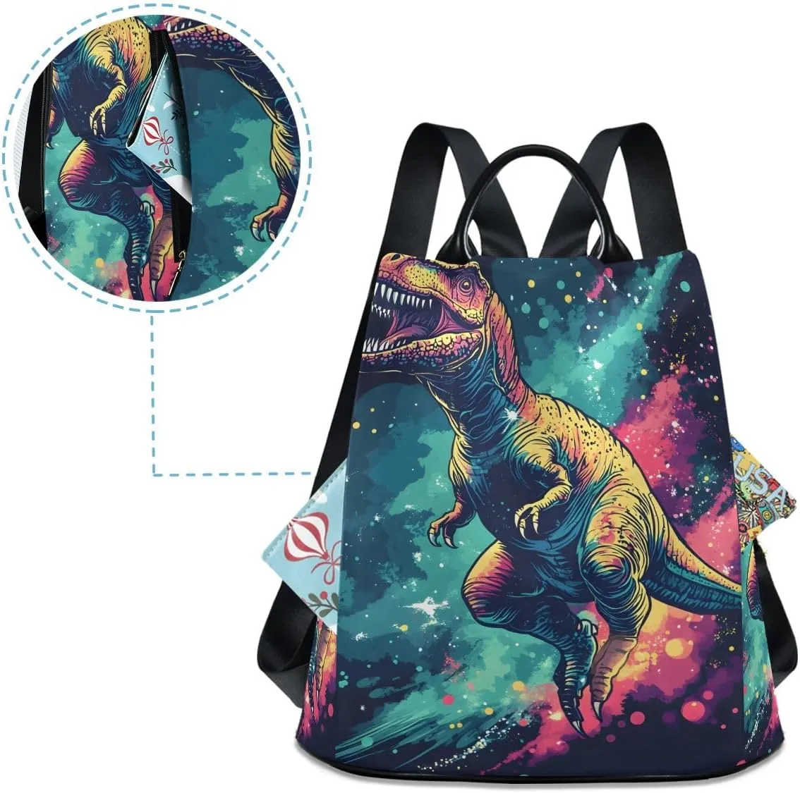 Dinosaur in Space Anti Theft Backpack Purse for Women Fashion Travel Bags with Pompom