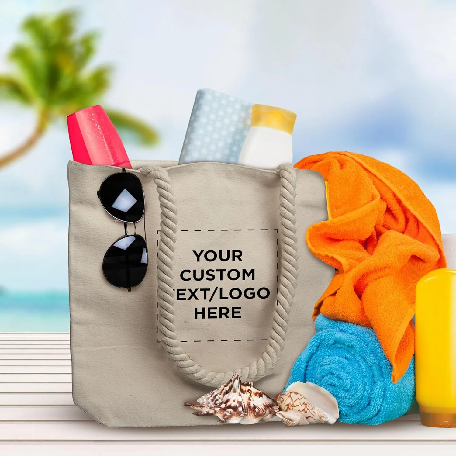 DISCOUNT PROMOS Custom Pristine Cove Canvas Tote with Rope Handles (Set of 50), Personalized Bulk Pack - Beach, Travel, Eco-Friendly - Natural Color, 14.75"X13.5", 12 OZ Cotton, with Zipper