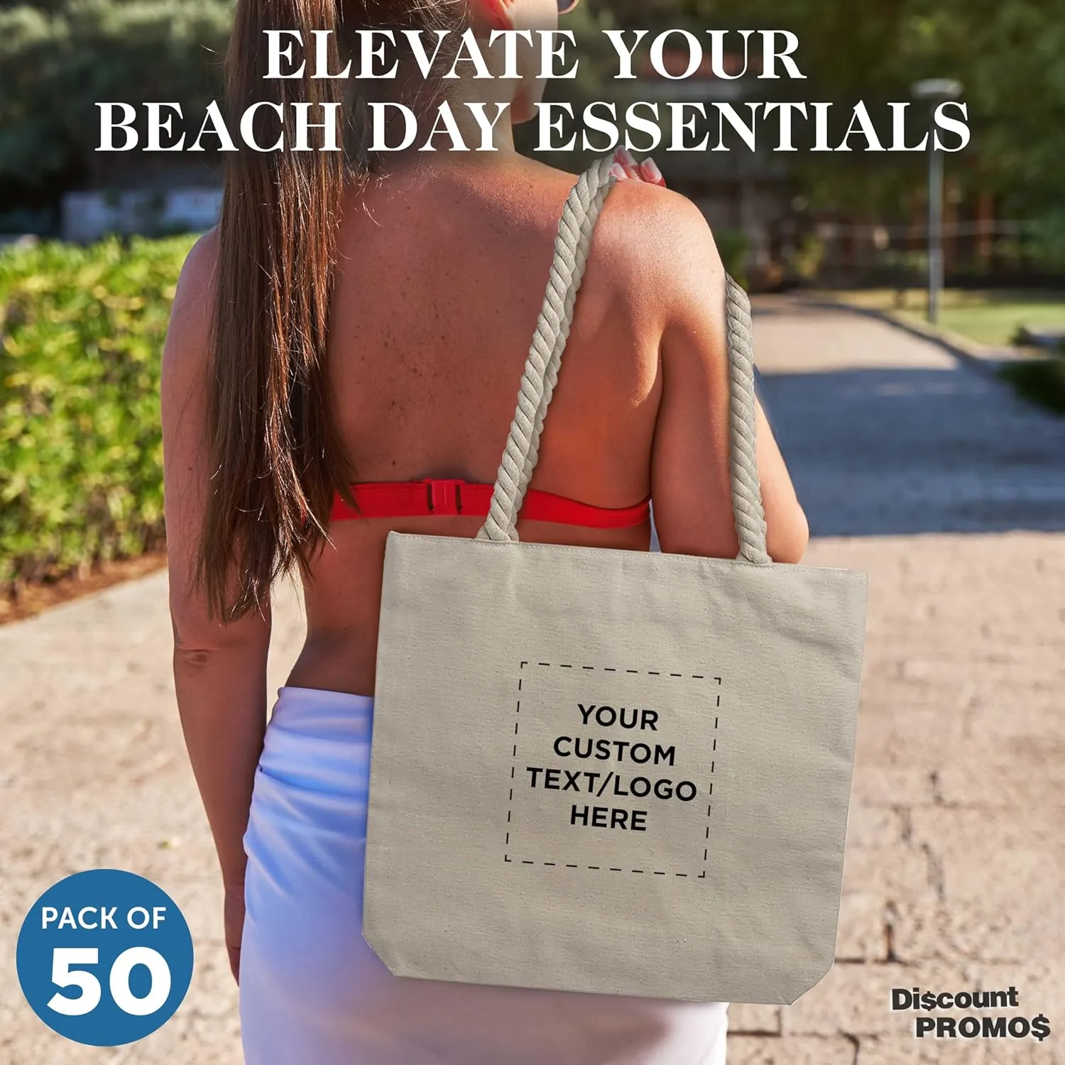 DISCOUNT PROMOS Custom Pristine Cove Canvas Tote with Rope Handles (Set of 50), Personalized Bulk Pack - Beach, Travel, Eco-Friendly - Natural Color, 14.75"X13.5", 12 OZ Cotton, with Zipper